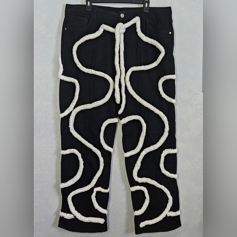 RY-M Mens Black Fuzzy Rope Design Jeans, 36